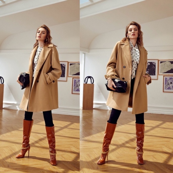 boho button detail camel mid length coat jacket - Picture 2 of 4